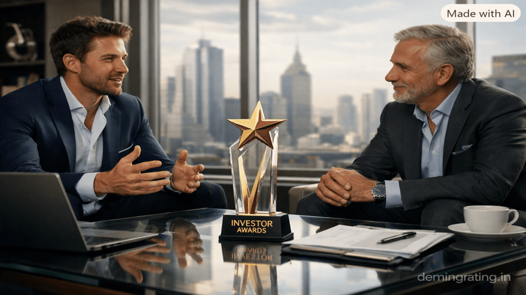 Startup founder and investor discussing business strategy with an Investor Awards trophy on the table.