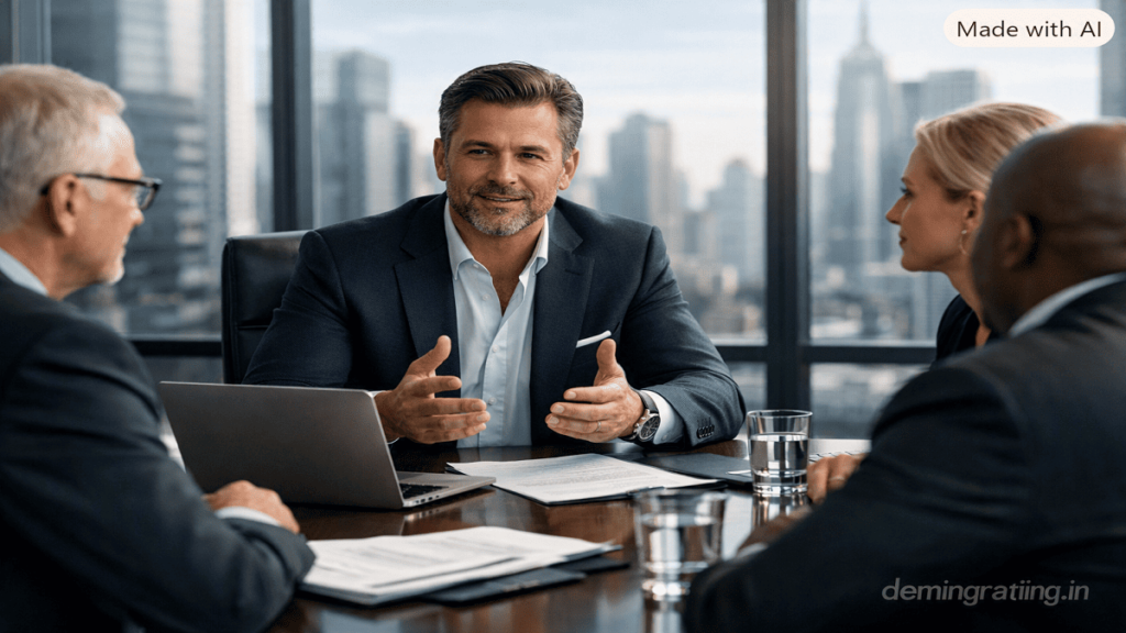 Investor Memberships Entrepreneur meeting with investors in a modern office through an investor membership network