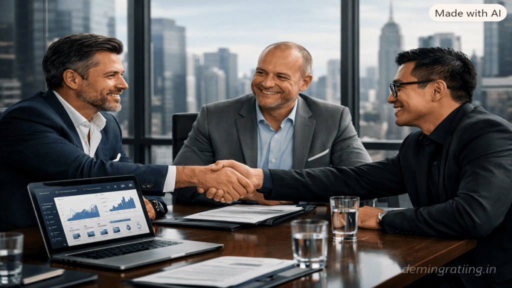 Partner Programs Business representatives developing a strategic partnership in a modern corporate office