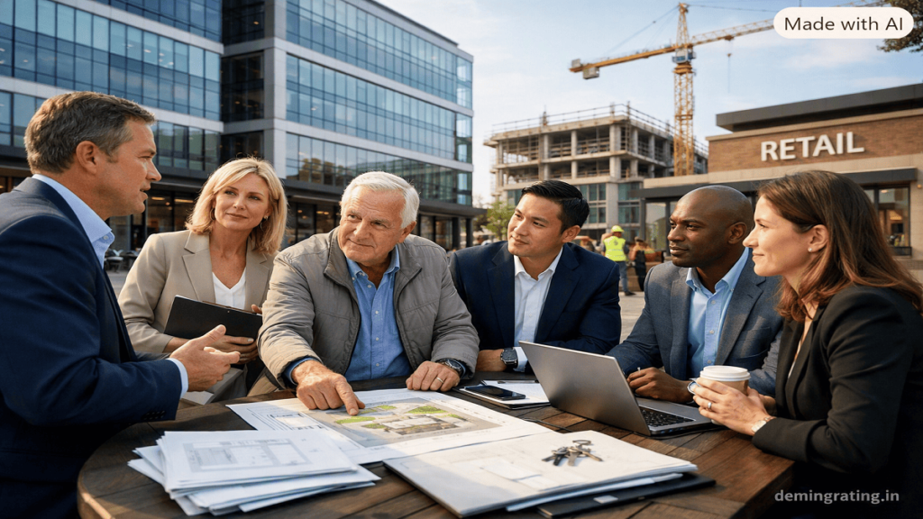 Real estate syndication investment meeting with property investors and sponsors reviewing a commercial development.