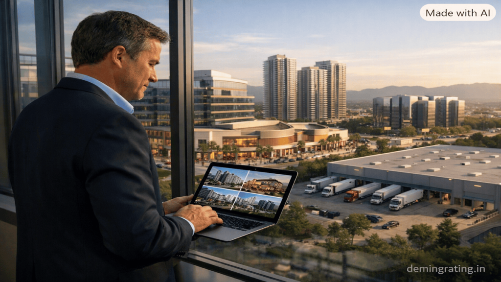Investor reviewing a diversified REIT portfolio with office, retail, residential, logistics, and data center properties.
