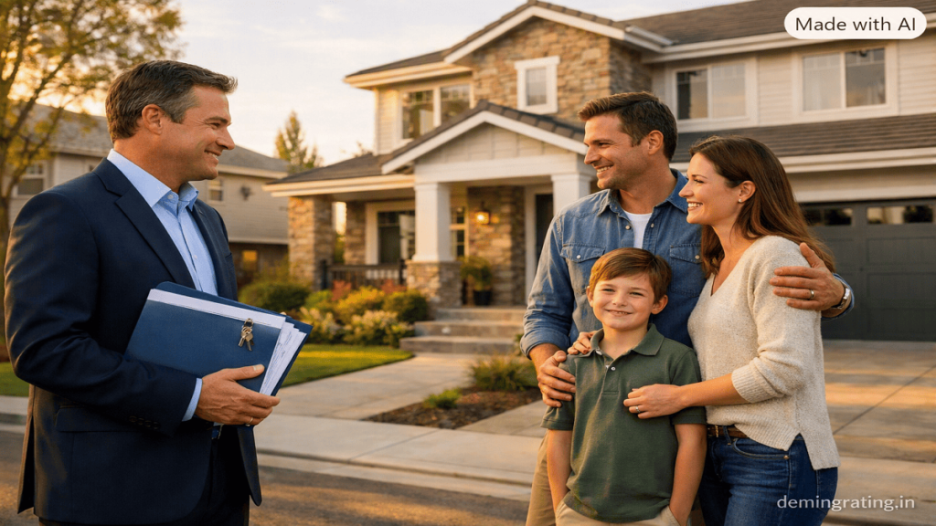 Family standing outside a newly purchased home with property funding documents
