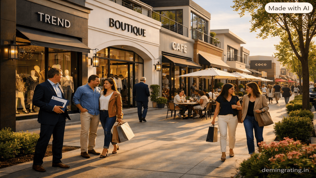 Retail Real Estate Busy high-street retail district with modern storefronts