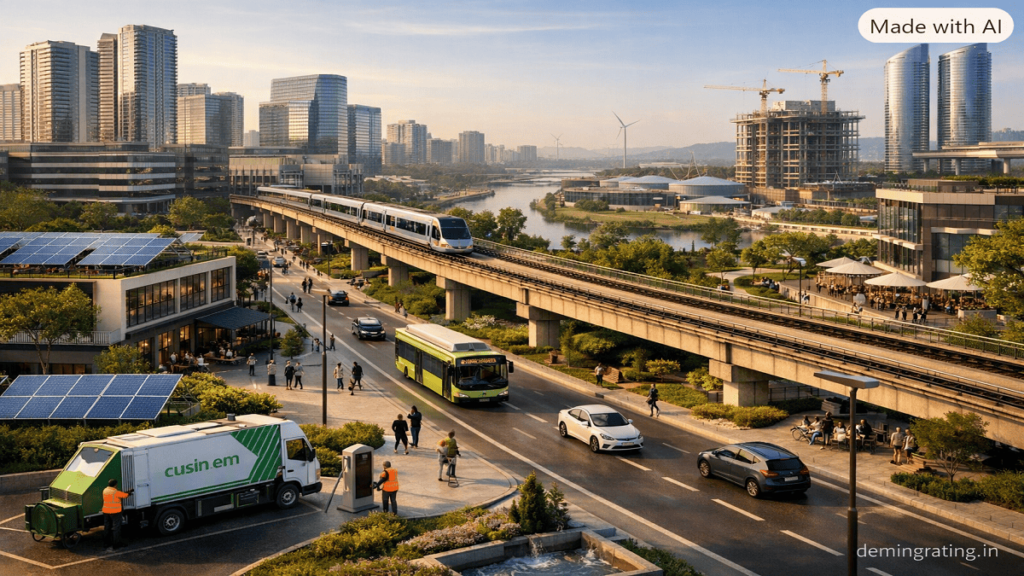Future-ready city with smart infrastructure, metro transportation, electric vehicles, and renewable energy