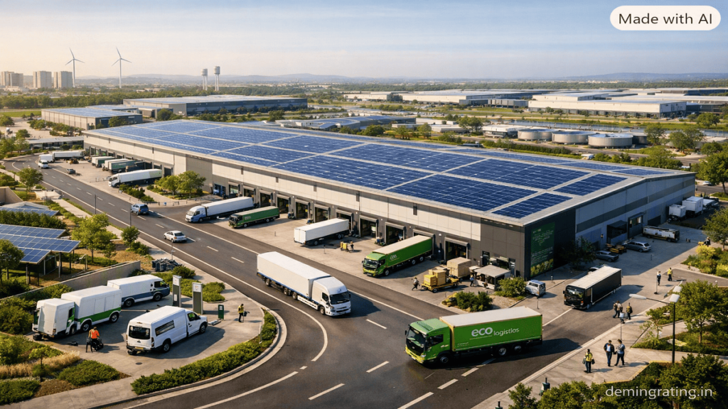 Warehousing Projects Sustainable warehouse with rooftop solar panels, electric vehicles, green landscaping, and logistics infrastructure