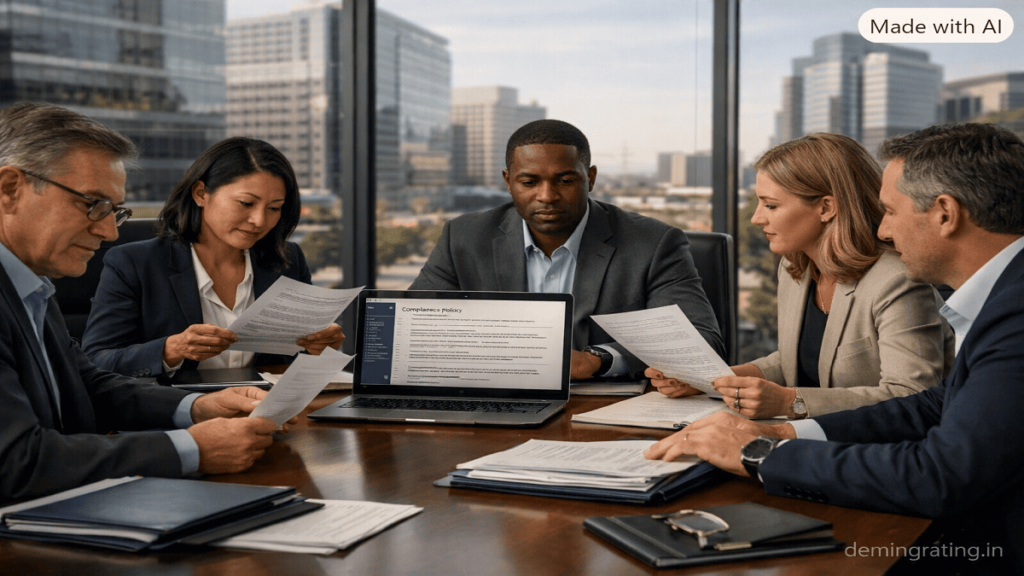 Business professionals discussing regulatory compliance and risk management in a corporate boardroom
