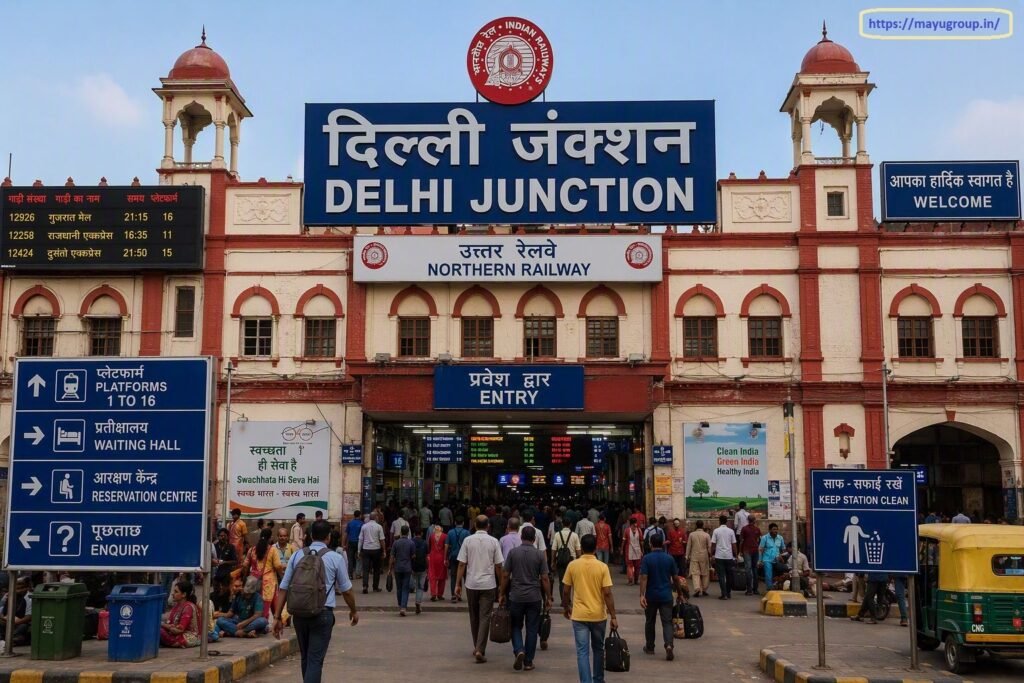 Exterior entrance view of Old Delhi Junction Railway Station building featuring red-and-white colonial architecture, large blue header signage, electronic train displays, directional boards, and crowds of commuters.