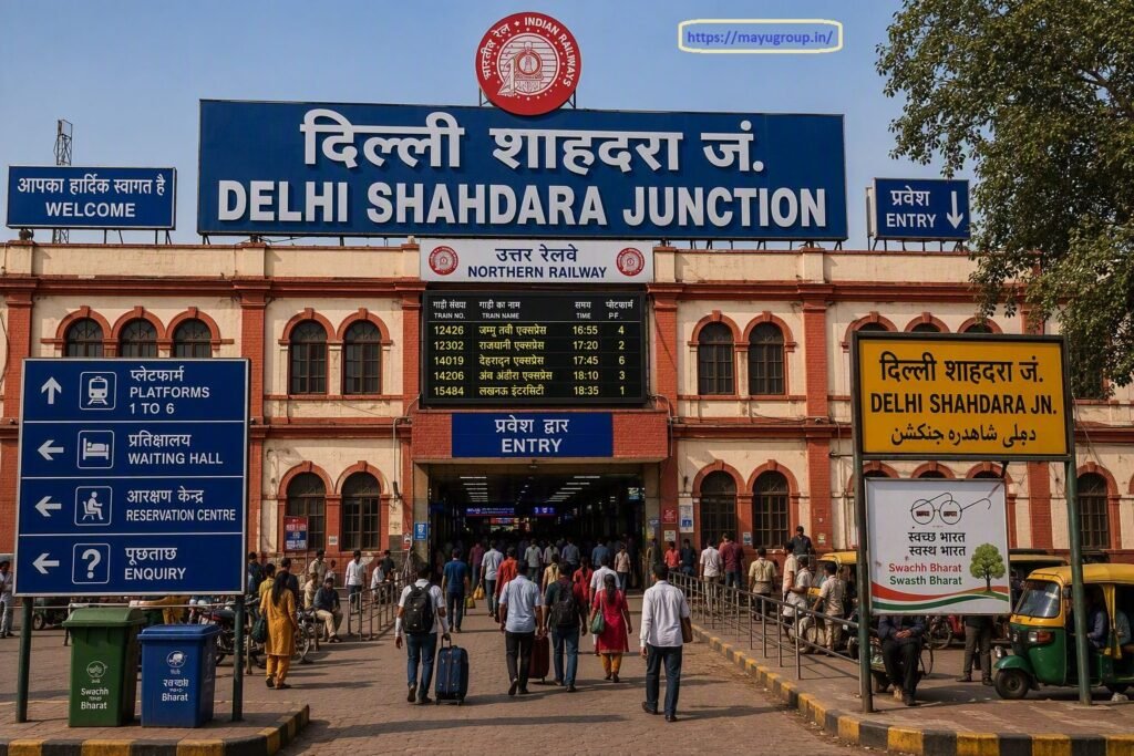 Exterior entrance view of Delhi Shahdara Junction Railway Station building featuring large blue header signage, an electronic train schedule board, multilingual station signs, directional markers, and commuters.