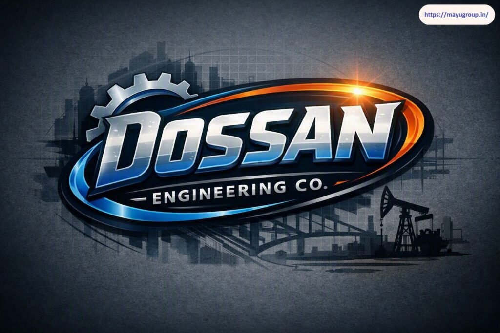 Corporate logo graphic for Dossan Engineering Co. featuring bold 3D metallic lettering inside a gear-embedded oval frame, set against a dark industrial skyline background.
