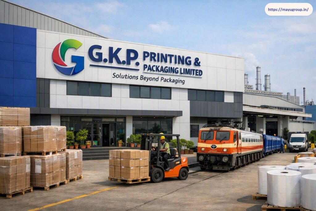 Exterior view of G.K.P. Printing & Packaging Limited facility showing company signage, an orange forklift transporting palletized boxes, paper rolls, and an industrial freight train siding.