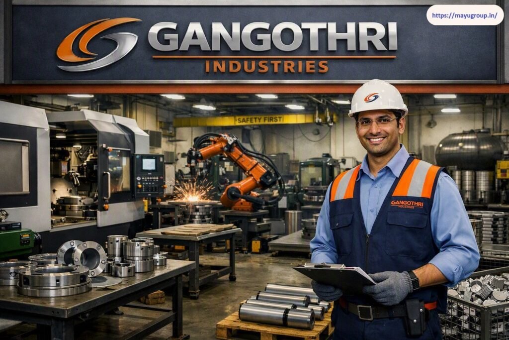 Industrial facility interior of Gangothri Industries showing CNC machinery, a robotic arm welding station, precision metal components, and a smiling engineer wearing a hard hat and high-visibility vest holding a clipboard.