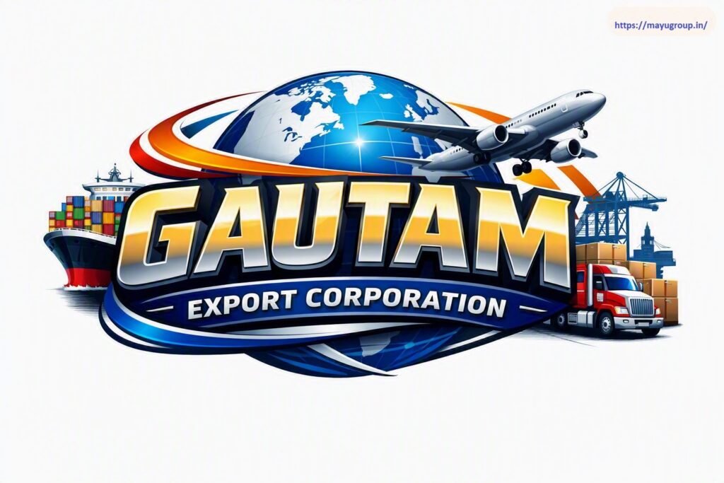 Global logistics branding graphic for Gautam Export Corporation featuring bold metallic lettering in front of a terrestrial globe, cargo ship, airplane, semi-truck, and port cranes.
