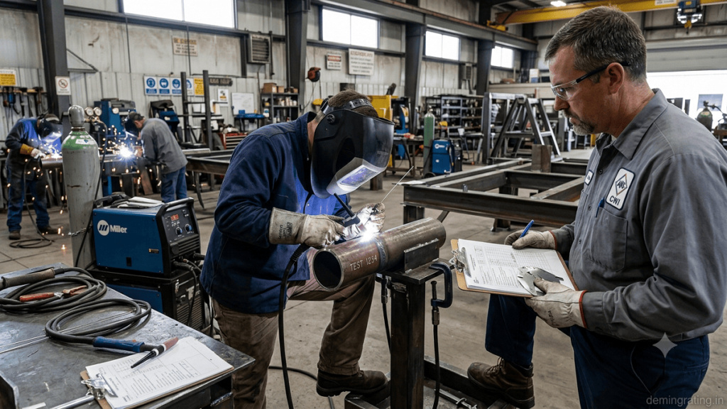 Welder performing a practical welding test during a professional certification assessment