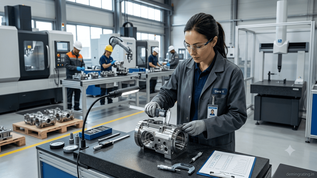 Quality control engineer inspecting a precision metal component on a modern manufacturing production floor.