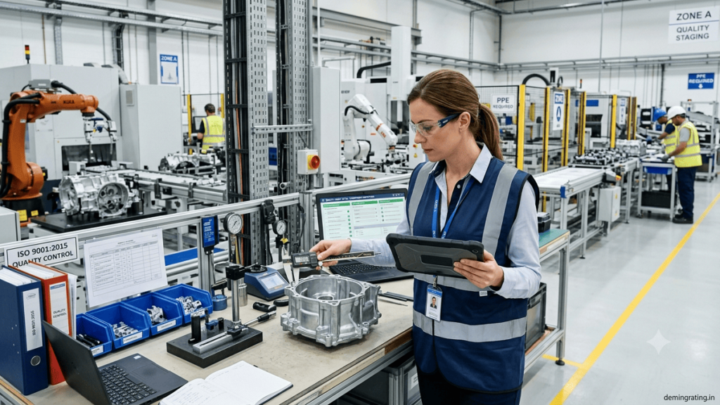 Quality auditor inspecting manufacturing processes and components during an industrial quality audit