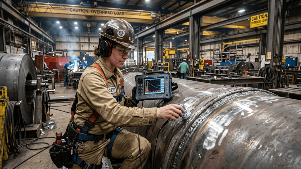 Technician performing ultrasonic NDT inspection of a metal weld in a manufacturing facility Title: Ultrasonic NDT Inspection in Manufacturing