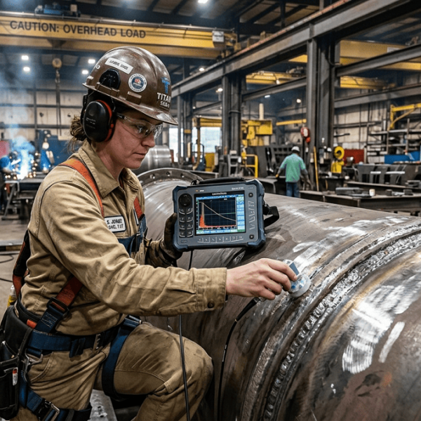 Technician performing ultrasonic NDT inspection of a metal weld in a manufacturing facility Title: Ultrasonic NDT Inspection in Manufacturing