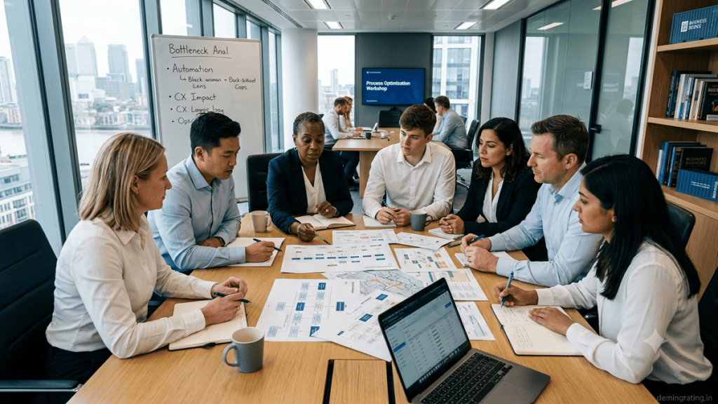 Process Optimization Workshops Professionals participating in a process optimization workshop to improve workflow and operational efficiency across different industries.