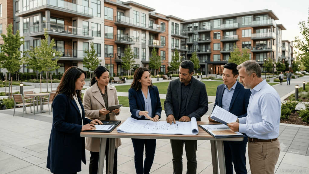 Real estate syndication investment meeting with property investors and sponsors reviewing a commercial development.