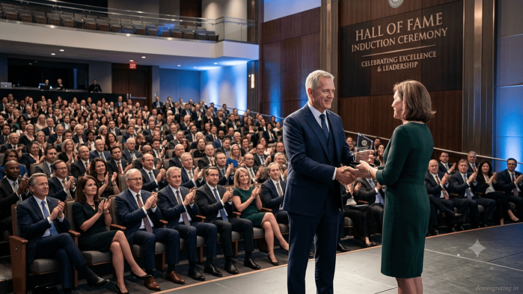 Professional receiving Hall of Fame recognition during an award ceremony.