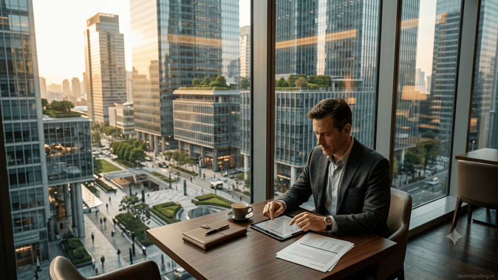 REIT Investments Professional investor reviewing REIT investment documents while overlooking modern commercial office buildings.