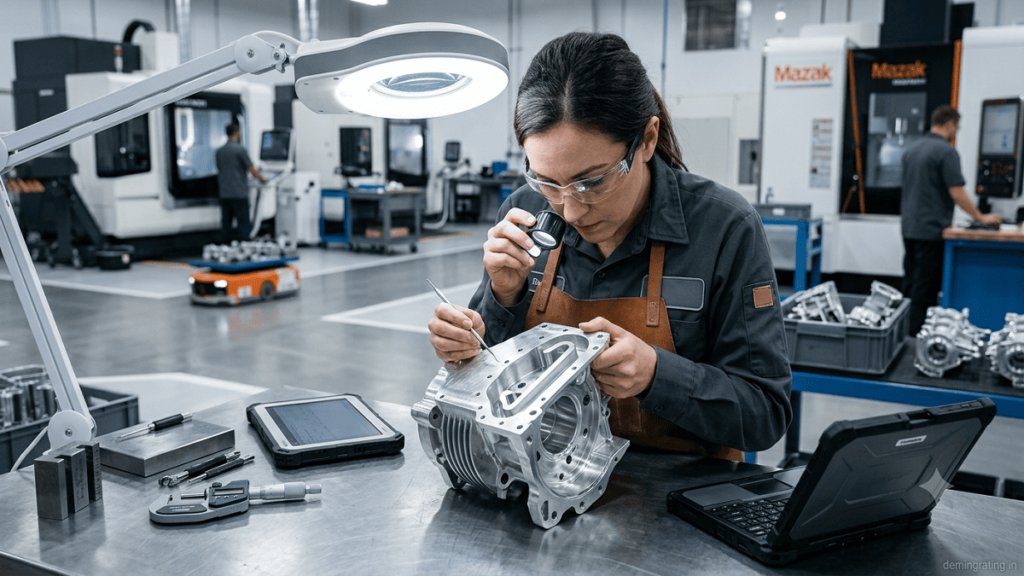 Quality control inspector performing visual inspection of a metal component in a manufacturing facility