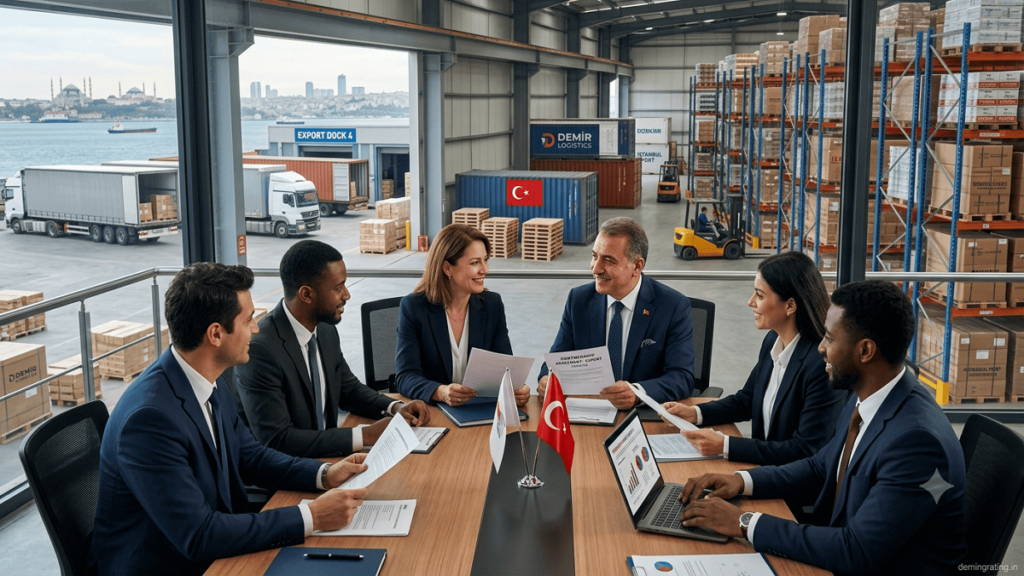 International exporters and Turkish business representatives discussing export shipments inside a modern logistics facility.