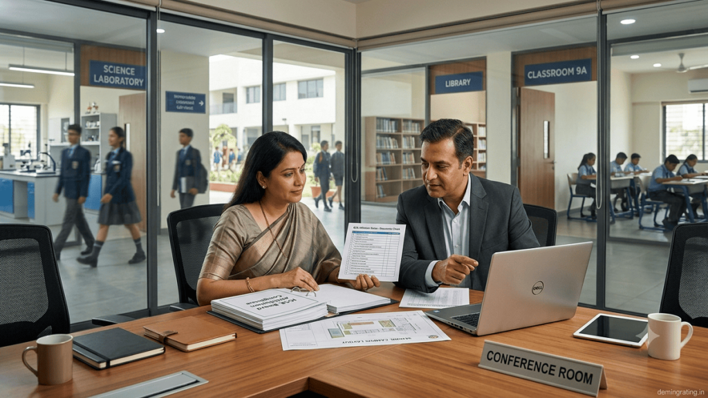 A professional school management meeting focused on ICSE Board affiliation, featuring consultants and administrators reviewing compliance documents, academic records, and infrastructure plans.