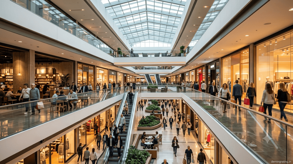 Modern shopping mall with retail stores and shoppers