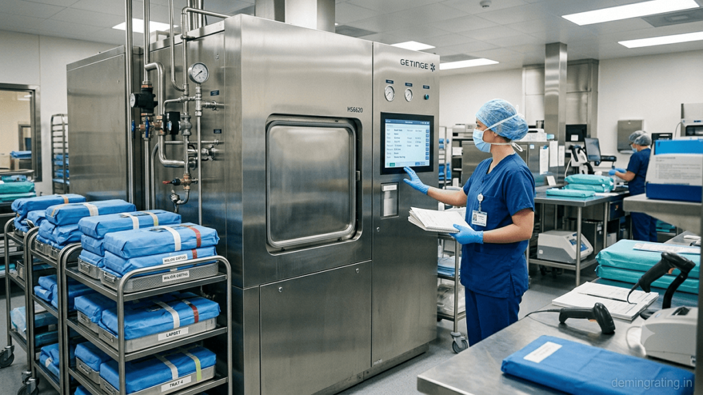 Large steam sterilizer in a hospital CSSD being monitored by a sterile-processing professional.