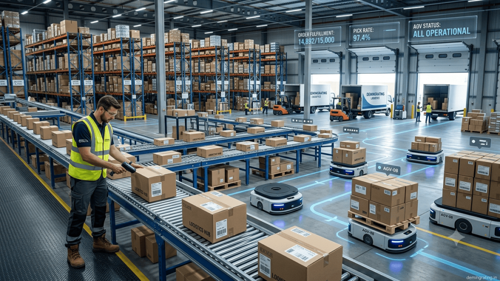 Supply Chain Global logistics network connecting cargo ships, trains, trucks, and distribution centers through digital technology.