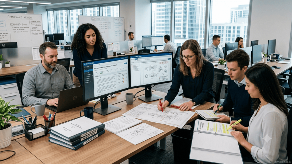 Technical documentation specialists reviewing SOPs, work instructions, specifications, and quality documents using a digital document control system.