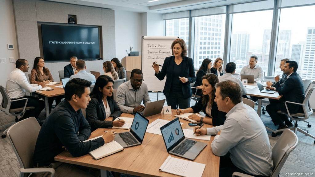 A professional corporate leadership development environment featuring managers and emerging leaders engaged in interactive training, strategic discussions, teamwork, and practical decision-making exercises. The visual represents leadership training, professional development, employee growth, collaboration, future leadership preparation, and organizational success.