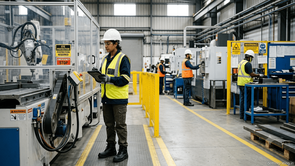 Occupational health and safety professional inspecting machinery in a manufacturing facility