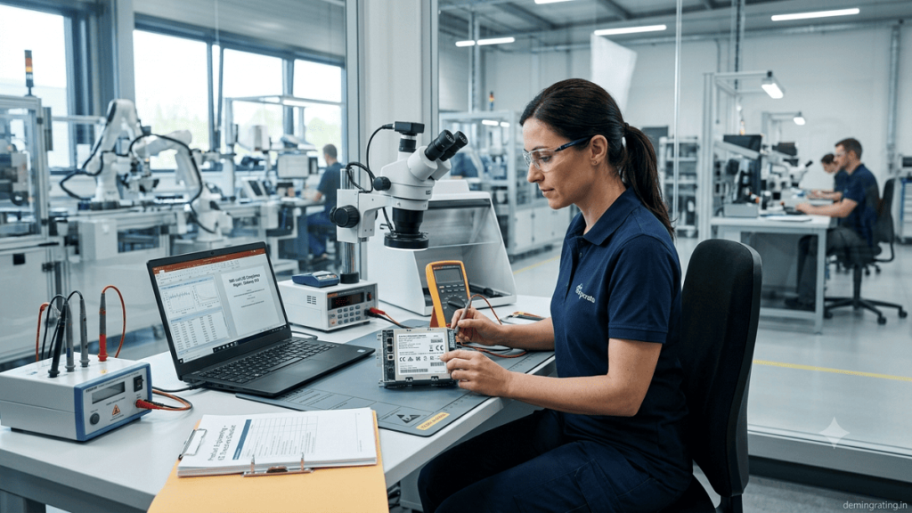 Product engineer inspecting an electronic device for CE compliance in a manufacturing facility.