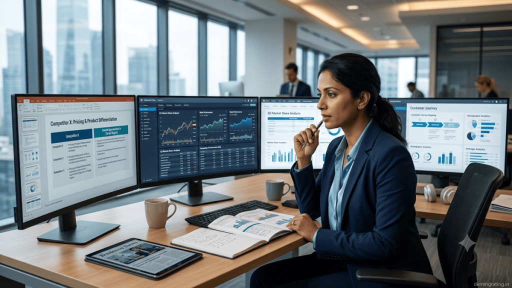 Market Analysis Business executives analyzing global market opportunities and competitive data during a strategy meeting.