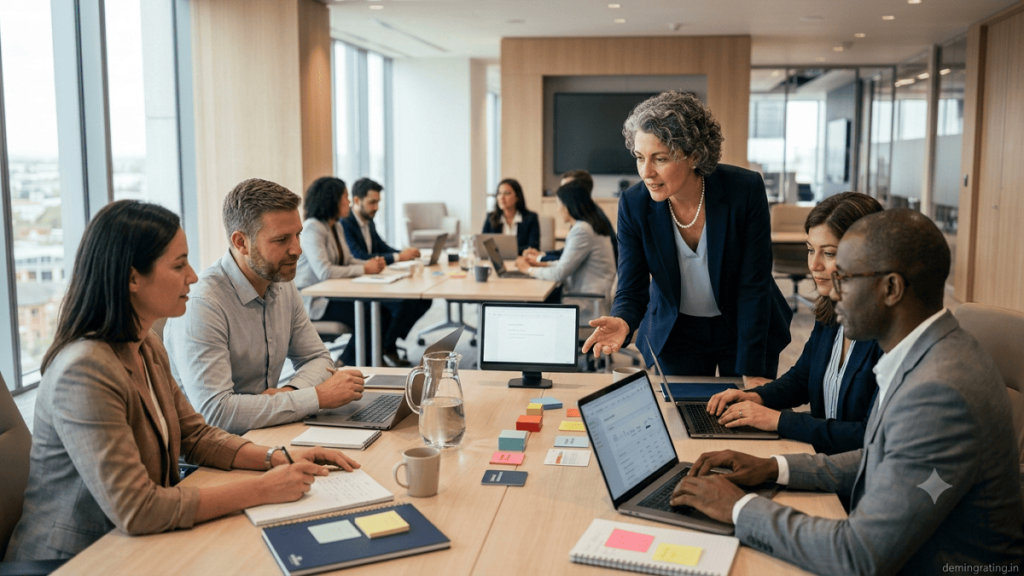 Professionals participating in a customized workshop focused on teamwork, skill development, and workplace problem-solving.