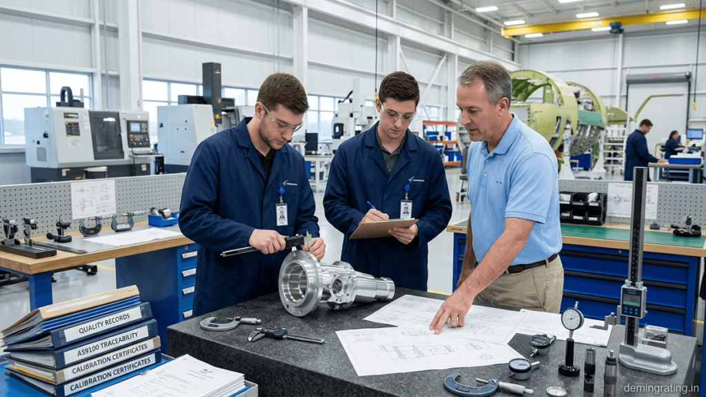 AS9100 Rev C aerospace quality management certification audit with engineers inspecting aircraft components