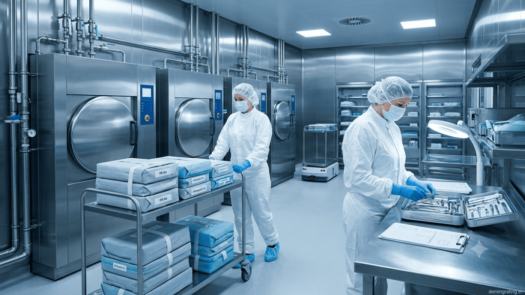 Medical device sterilization facility with steam sterilizers and trained technicians