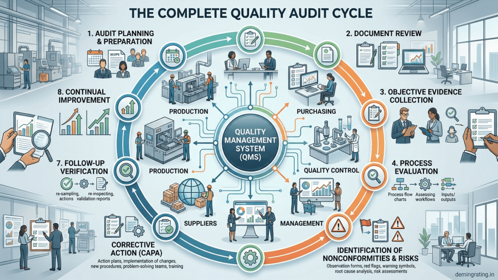 Quality audits process showing planning, evidence collection, risk assessment, corrective action, and continuous improvement