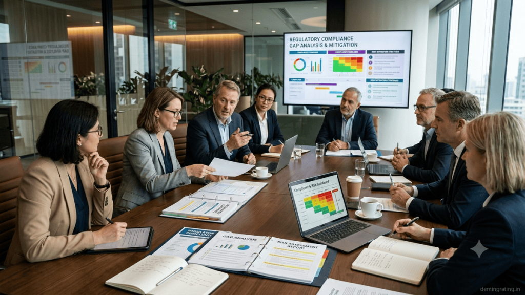 Compliance professionals conducting a regulatory risk assessment and audit-readiness review in a modern corporate office.