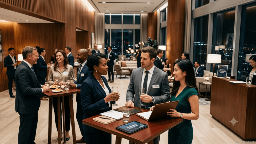 Professional investors and entrepreneurs networking at an exclusive investor membership event