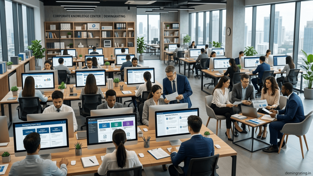 Employees accessing digital knowledge resources, training materials, and professional development content.
