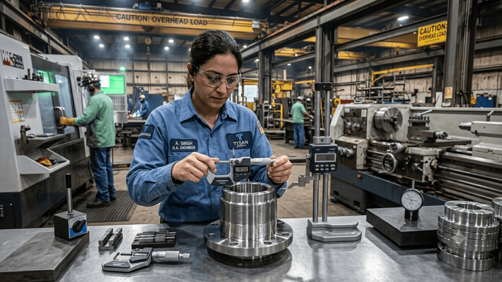 Quality inspector measuring a precision-machined component using a micrometer Title: Precision Dimensional Inspection
