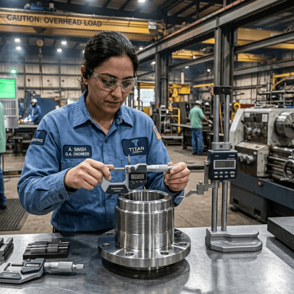 Quality inspector measuring a precision-machined component using a micrometer Title: Precision Dimensional Inspection
