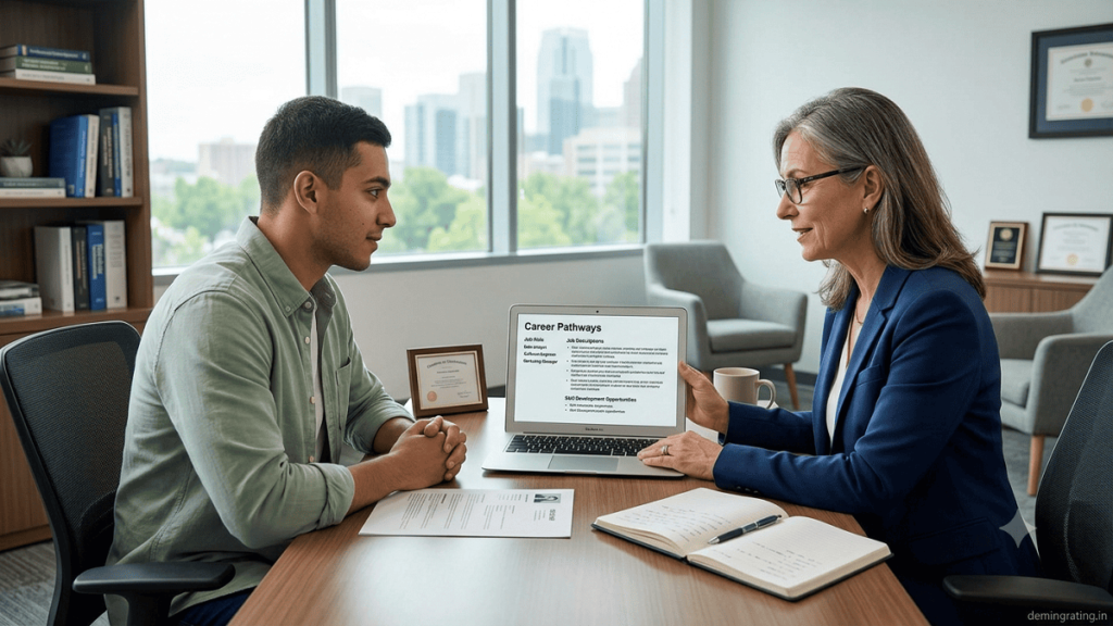 Career counselor guiding a graduate through career planning and job opportunities