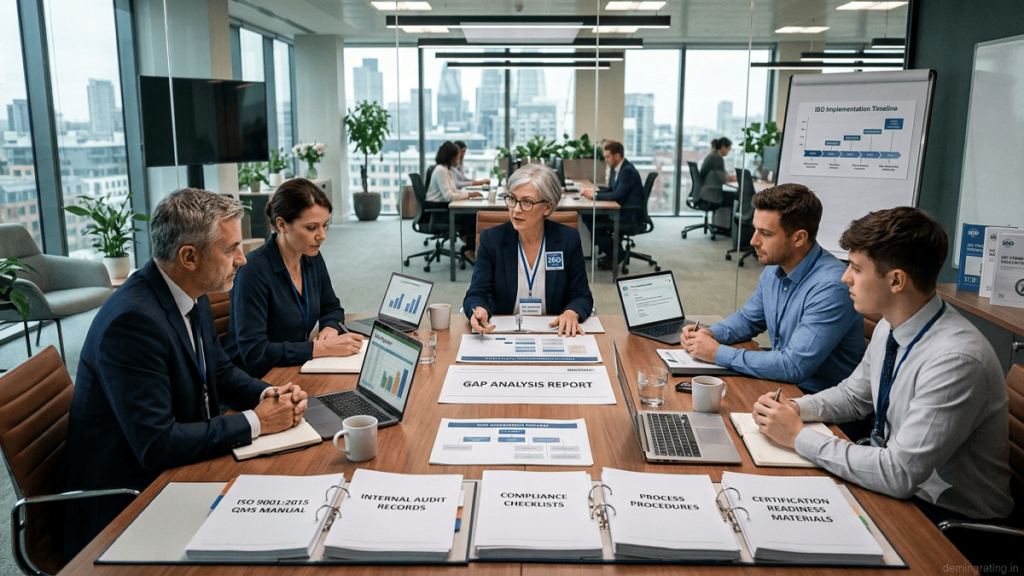 ISO Certification Consultancy ISO certification consultant reviewing compliance procedures and management system documentation with a business team