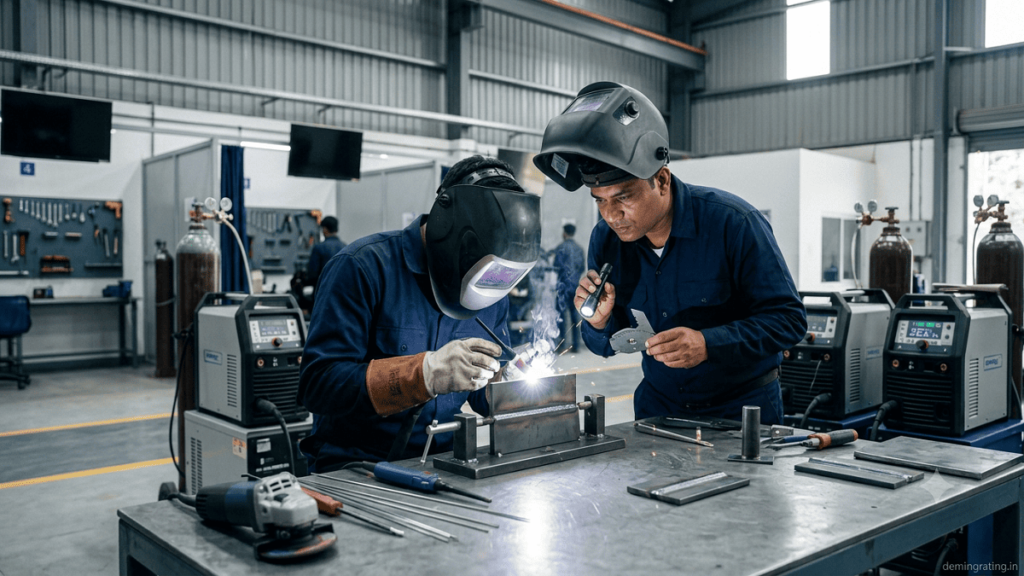 Welder practicing a test weld under professional supervision during ISO 9606 qualification preparation.