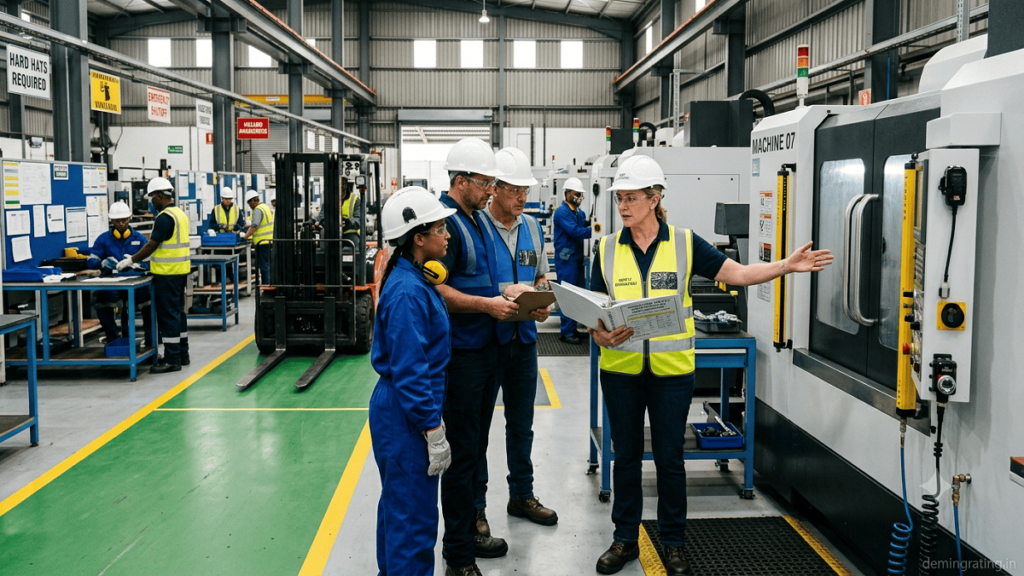 Safety consultant discussing workplace hazards and safety procedures with managers, supervisors, and employees in an industrial facility.