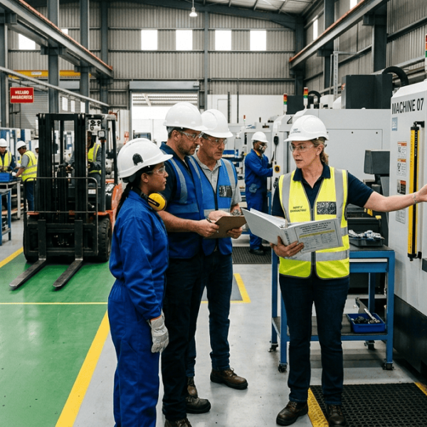 Safety consultant discussing workplace hazards and safety procedures with managers, supervisors, and employees in an industrial facility.